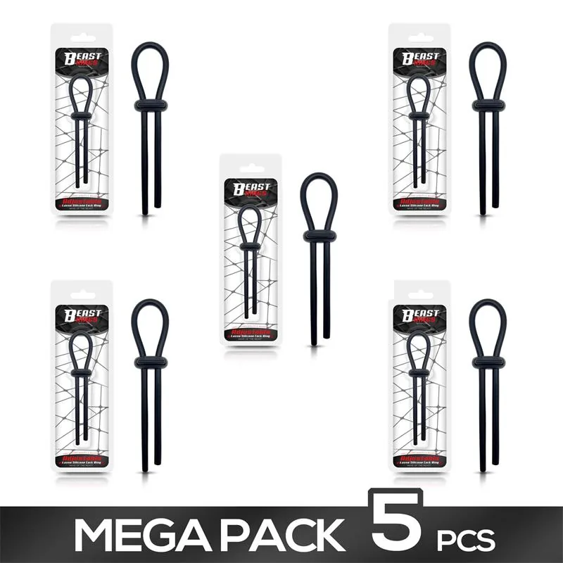 Conjunto de 5 Anéis Penianos de Laço Ajustável Silicone Beast Rings Preto 12 cm