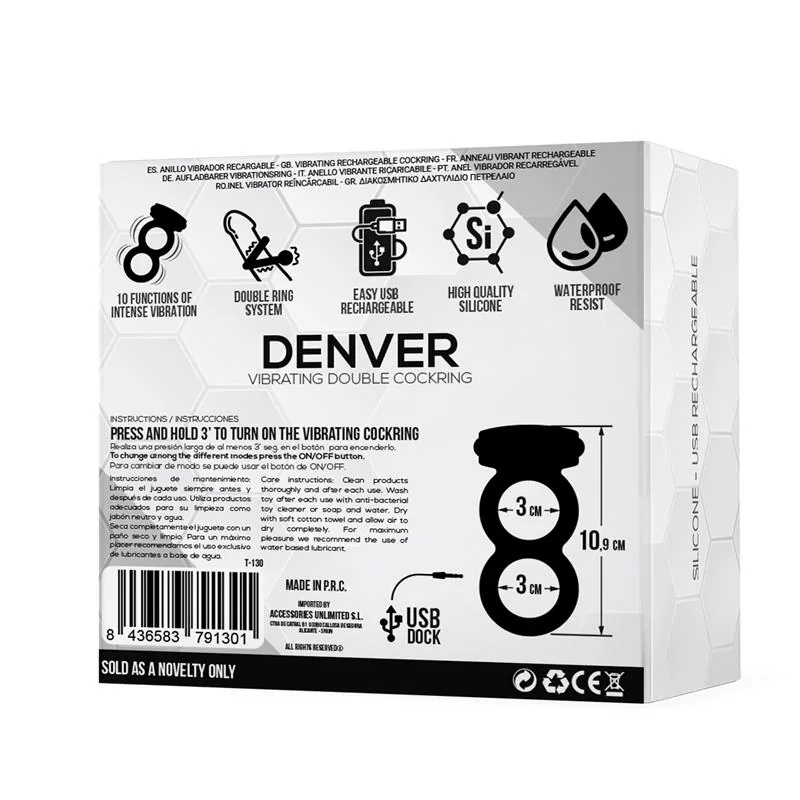 Anel Peniano Duplo Vibratório Denver em Silicone Preto — vista 3 de 7