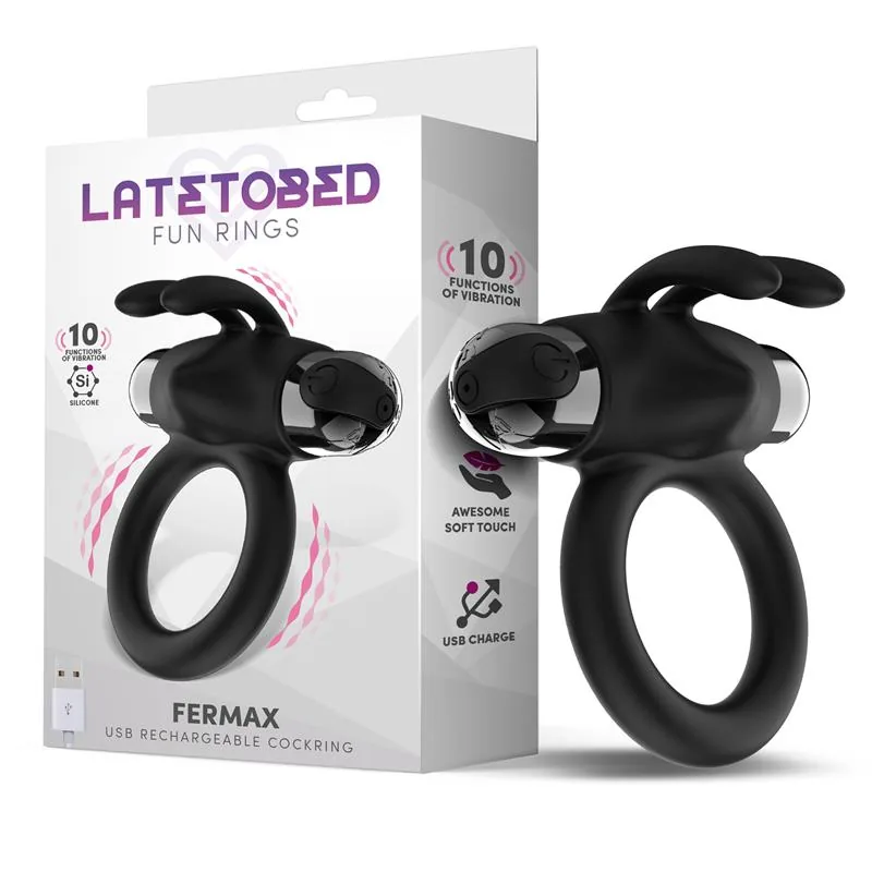 Anel Vibratório com Coelho Fermax USB Silicone LateToBed Preto