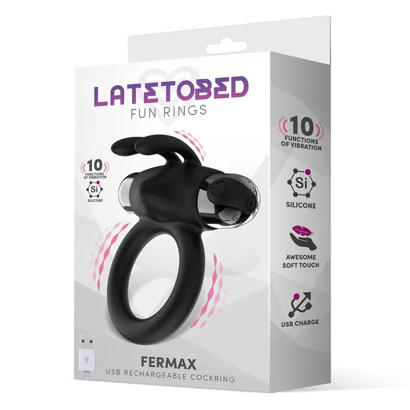 Anel Vibratório com Coelho Fermax USB Silicone LateToBed Preto — vista 2 de 3