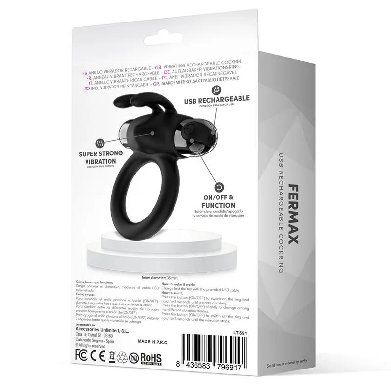 Anel Vibratório com Coelho Fermax USB Silicone LateToBed Preto — vista 3 de 3
