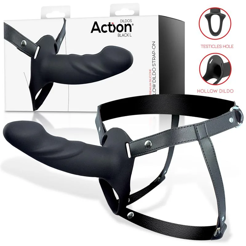 Arnês com Dildo Oco Silicone Action Preto Tamanho L 16,9 cm