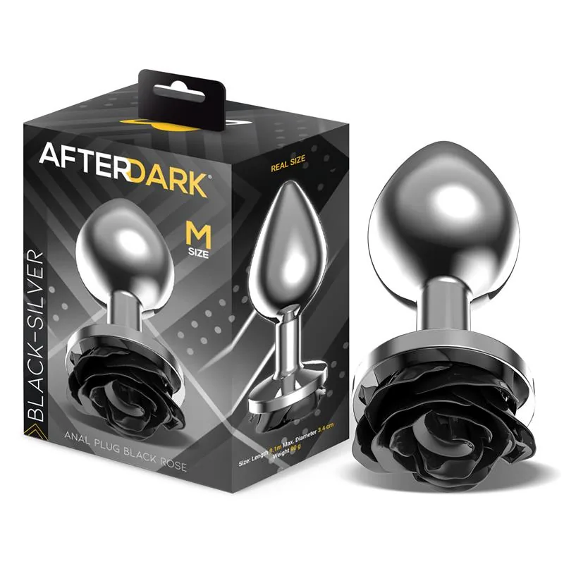 Plug Anal de Metal com Rosa Preta na Base Afterdark Tamanho M