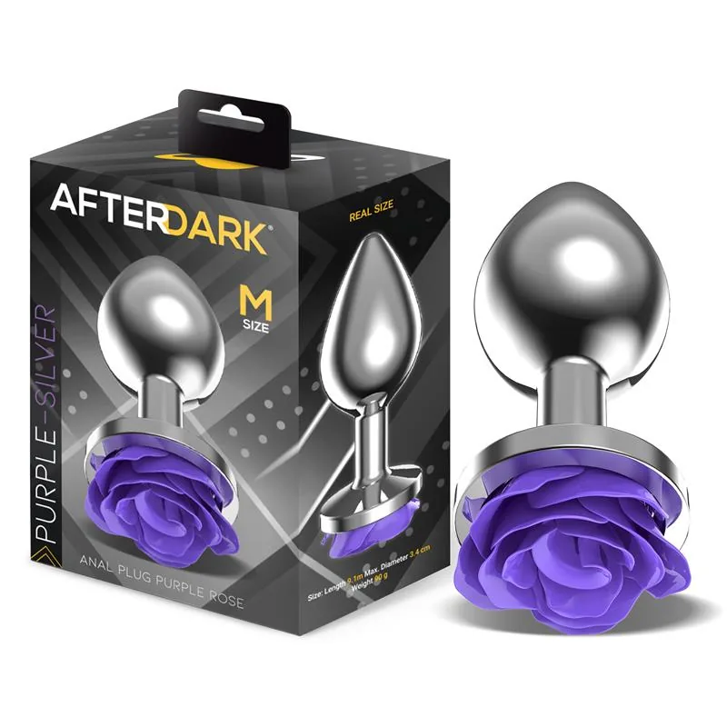 Plug Anal de Metal com Rosa Roxa na Base Afterdark Tamanho M