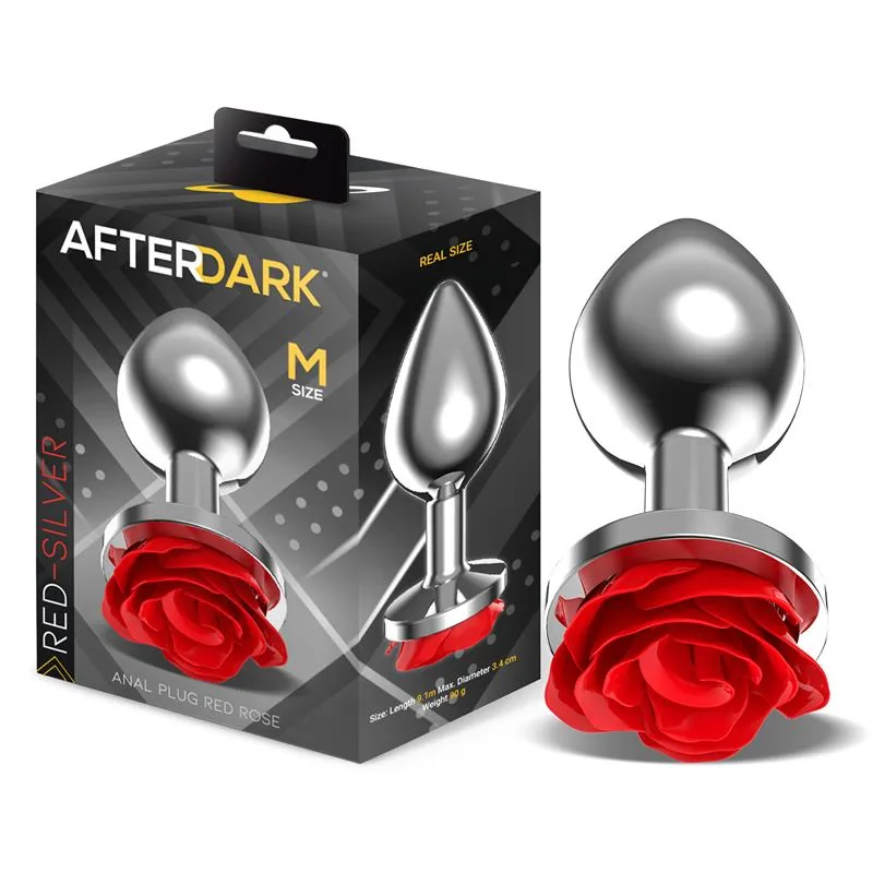 Plug Anal de Metal com Rosa Vermelha na Base Afterdark Tamanho M