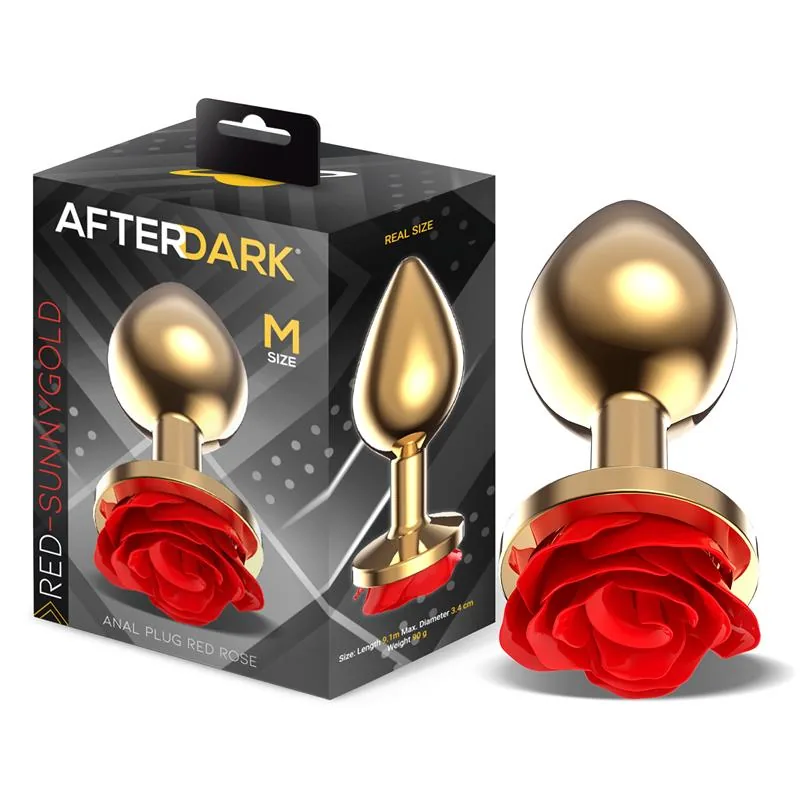 Plug Anal de Metal Dourado com Rosa Vermelha na Base Afterdark Tamanho M