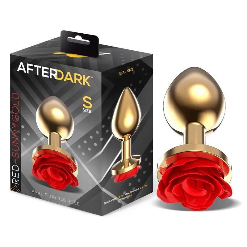 Plug Anal de Metal Dourado com Rosa Vermelha na Base Afterdark Tamanho S