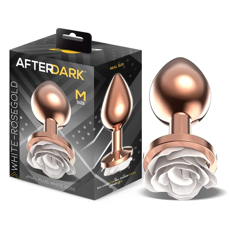 Plug Anal de Metal Ouro Rosa com Rosa Branca na Base Afterdark Tamanho M