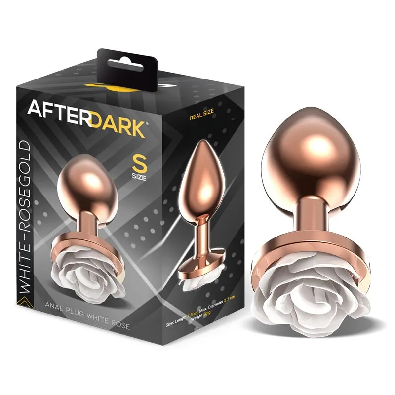 Plug Anal de Metal Ouro Rosa com Rosa Branca na Base Afterdark Tamanho S