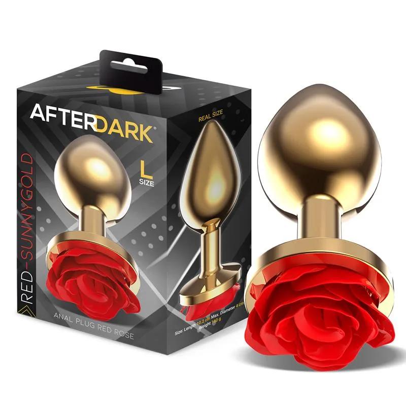 Plug Anal de Metal Dourado com Rosa Vermelha Afterdark Tamanho L